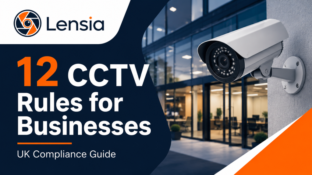 Lensia blog thumbnail showing CCTV camera and the title 12 CCTV Rules for Businesses UK Compliance Guide