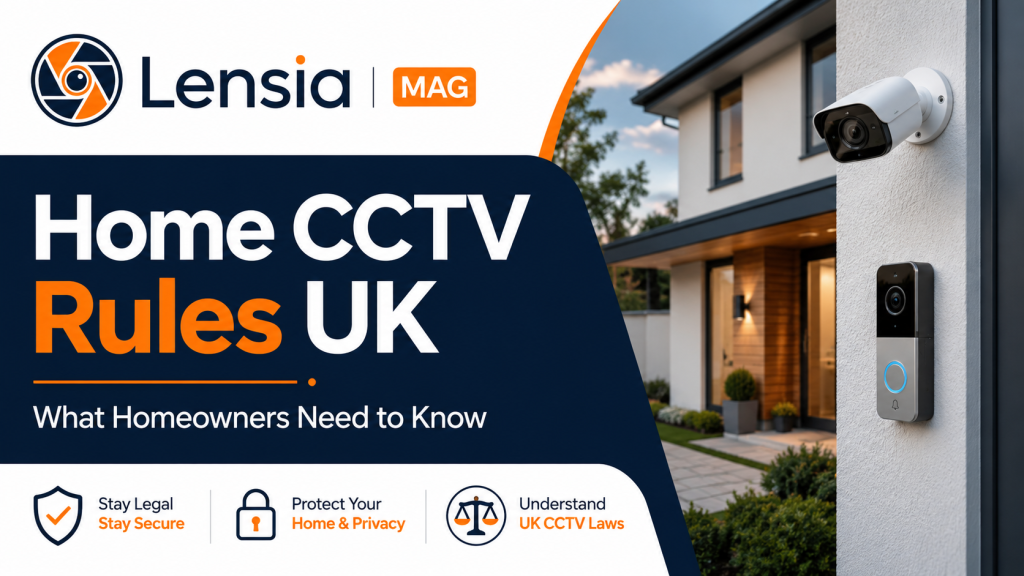 Home CCTV rules UK banner by Lensia showing home security camera and video doorbell