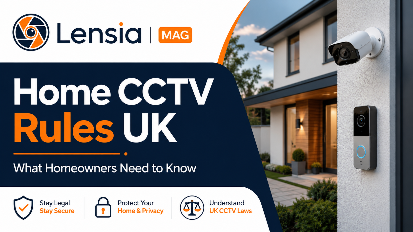 Home CCTV rules UK banner by Lensia showing home security camera and video doorbell